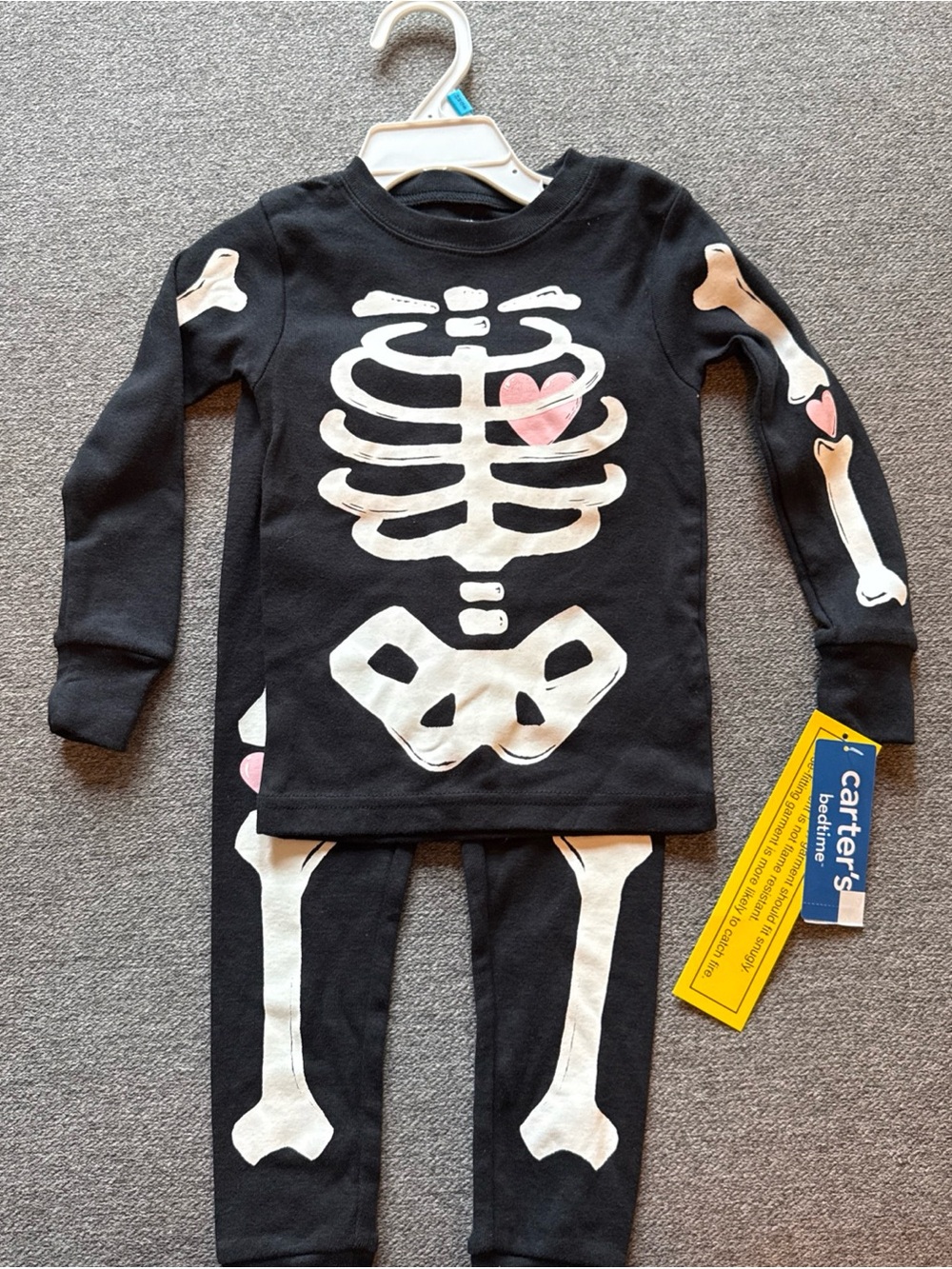 Carters Glow Dark Skeleton Black Pink Hearts Halloween 2 Pc Sleepwear Pjs 24 Mth